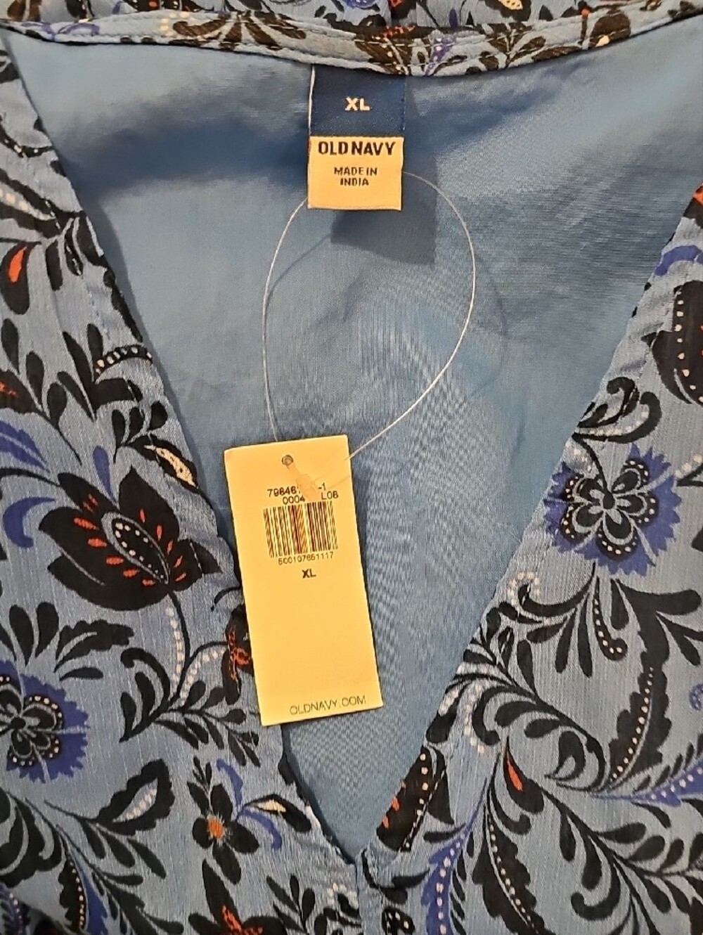 Old Navy Blue Floral V-Neck Midi Dress with Smocked Waist and Puff Sleeves - Picture 8 of 8